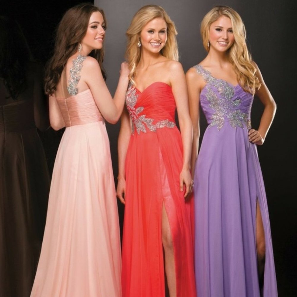 *Sale* Coral Chiffon One Shoulder Embellished Formal Evening Gown Size 10